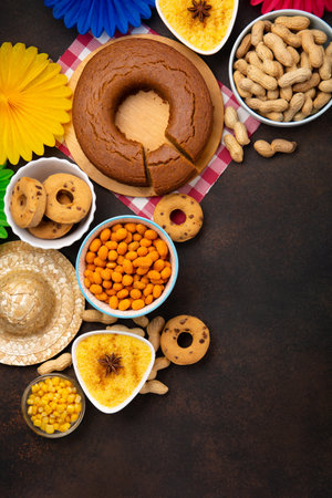 Festa Junina Summer Festival Carnival concept. Brazilian straw hat, Corn Cake, peanuts and colorful flags on wooden background, top view. Design for Greeting Card, Invitation or Holiday Posterの写真素材