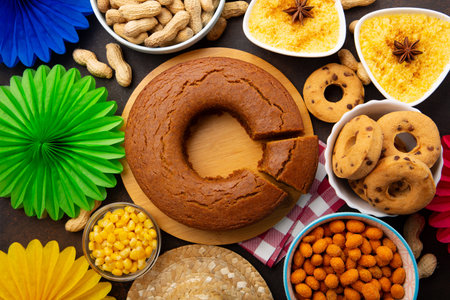 Festa Junina Summer Festival Carnival concept. Brazilian straw hat, Corn Cake, peanuts and colorful flags on wooden background, top view. Design for Greeting Card, Invitation or Holiday Posterの写真素材