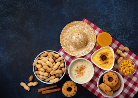 Festa Junina Summer Festival Carnival concept. Brazilian straw hat, Corn Cakes, peanuts and colorful flags on wooden blue background, top view. Design for Greeting Card, Invitation or Holiday Posterの写真素材