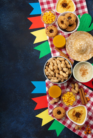 Festa Junina Summer Festival Carnival concept. Brazilian straw hat, Corn Cakes, peanuts and colorful flags on wooden blue background, top view. Design for Greeting Card, Invitation or Holiday Posterの写真素材