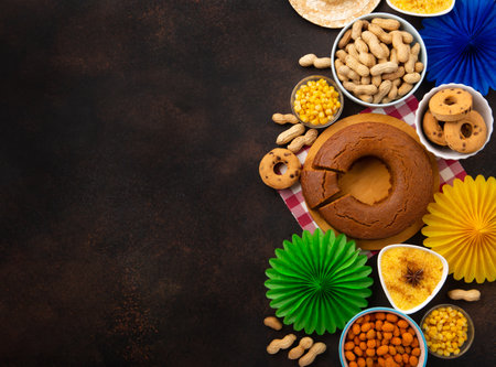 Festa Junina Summer Festival Carnival concept. Brazilian straw hat, Corn Cake, peanuts and colorful flags on wooden background, top view. Design for Greeting Card, Invitation or Holiday Posterの写真素材
