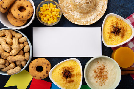 Festa Junina Summer Festival Carnival concept. Brazilian straw hat, Corn Cakes, peanuts and colorful flags on wooden blue background, top view. Design for Greeting Card, Invitation or Holiday Posterの写真素材