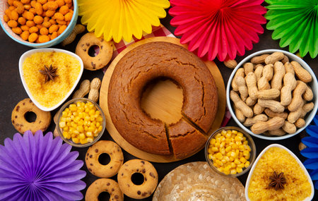 Festa Junina Summer Festival Carnival concept. Brazilian straw hat, Corn Cake, peanuts and colorful flags on wooden background, top view. Design for Greeting Card, Invitation or Holiday Posterの写真素材