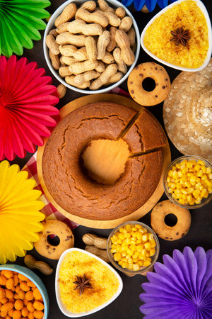 Festa Junina Summer Festival Carnival concept. Brazilian straw hat, Corn Cake, peanuts and colorful flags on wooden background, top view. Design for Greeting Card, Invitation or Holiday Posterの写真素材