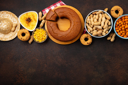 Festa Junina Summer Festival Carnival concept. Brazilian straw hat, Corn Cake, peanuts and colorful flags on wooden background, top view. Design for Greeting Card, Invitation or Holiday Posterの写真素材