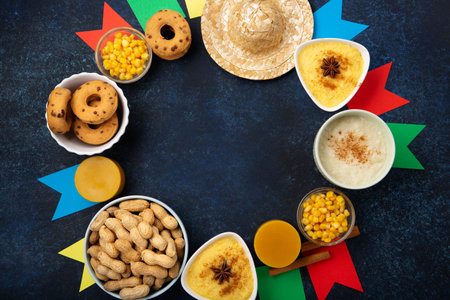 Festa Junina Summer Festival Carnival concept. Brazilian straw hat, Corn Cakes, peanuts and colorful flags on wooden blue background, top view. Design for Greeting Card, Invitation or Holiday Posterの写真素材