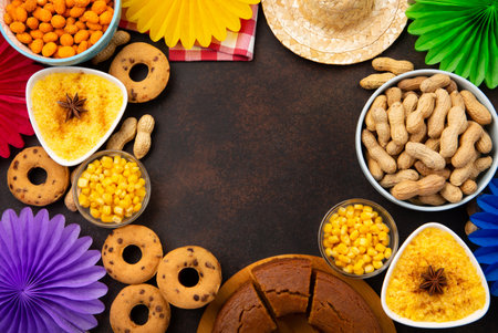 Festa Junina Summer Festival Carnival concept. Brazilian straw hat, Corn Cake, peanuts and colorful flags on wooden background, top view. Design for Greeting Card, Invitation or Holiday Posterの写真素材