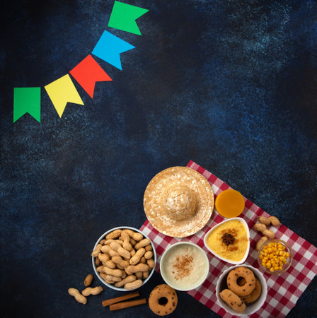 Festa Junina Summer Festival Carnival concept. Brazilian straw hat, Corn Cakes, peanuts and colorful flags on wooden blue background, top view. Design for Greeting Card, Invitation or Holiday Posterの写真素材