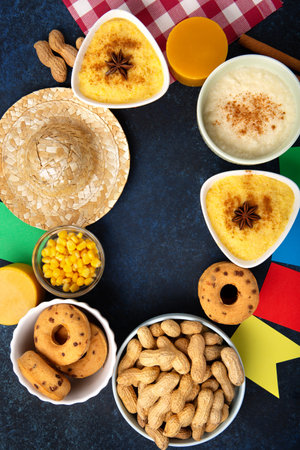 Festa Junina Summer Festival Carnival concept. Brazilian straw hat, Corn Cakes, peanuts and colorful flags on wooden blue background, top view. Design for Greeting Card, Invitation or Holiday Posterの写真素材