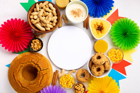 Festa Junina Summer Festival Carnival concept. Brazilian straw hat, Corn Cake, peanuts and colorful flags on white wooden background, top view. Design for Greeting Card, Invitation or Holiday Posterの写真素材