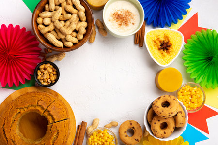 Festa Junina Summer Festival Carnival concept. Brazilian straw hat, Corn Cake, peanuts and colorful flags on white wooden background, top view. Design for Greeting Card, Invitation or Holiday Posterの写真素材