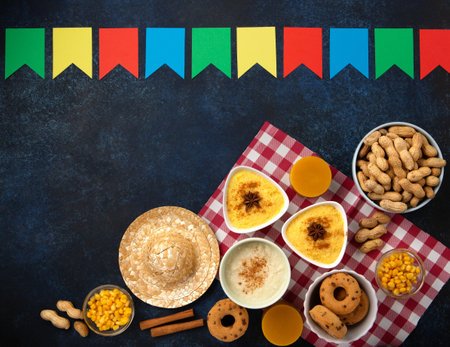 Festa Junina Summer Festival Carnival concept. Brazilian straw hat, Corn Cakes, peanuts and colorful flags on wooden blue background, top view. Design for Greeting Card, Invitation or Holiday Posterの写真素材