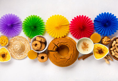 Festa Junina Summer Festival Carnival concept. Brazilian straw hat, Corn Cake, peanuts and colorful flags on white wooden background, top view. Design for Greeting Card, Invitation or Holiday Posterの写真素材