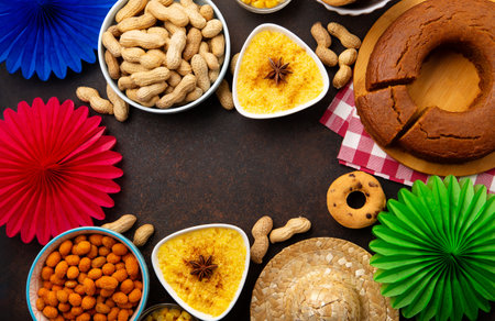 Festa Junina Summer Festival Carnival concept. Brazilian straw hat, Corn Cake, peanuts and colorful flags on wooden background, top view. Design for Greeting Card, Invitation or Holiday Posterの写真素材