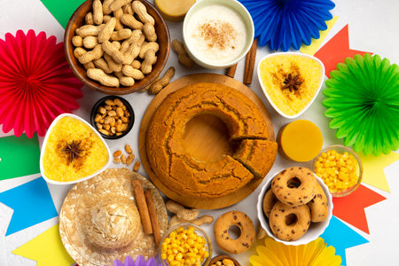 Festa Junina Summer Festival Carnival concept. Brazilian straw hat, Corn Cake, peanuts and colorful flags on white wooden background, top view. Design for Greeting Card, Invitation or Holiday Posterの写真素材