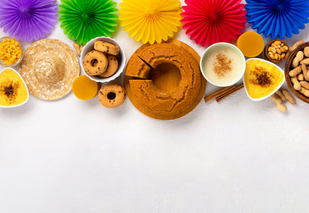 Festa Junina Summer Festival Carnival concept. Brazilian straw hat, Corn Cake, peanuts and colorful flags on white wooden background, top view. Design for Greeting Card, Invitation or Holiday Posterの写真素材