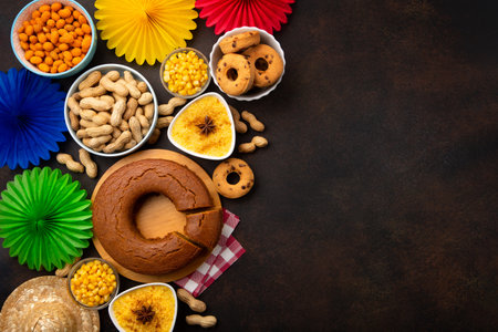 Festa Junina Summer Festival Carnival concept. Brazilian straw hat, Corn Cake, peanuts and colorful flags on wooden background, top view. Design for Greeting Card, Invitation or Holiday Posterの写真素材