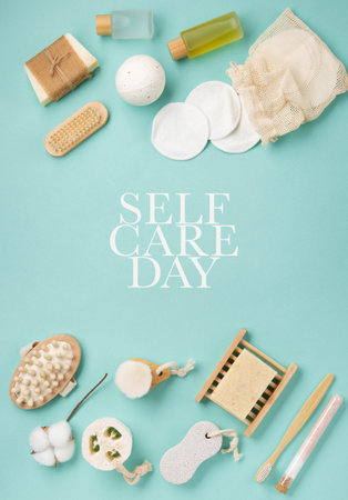 Happy Self Care Day. Natural eco friendly beauty skin care products concept. Zero waste bathroom and Organic spa accessories on green mint background. Handmade soap bars. concept of me timeの写真素材
