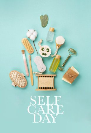 Happy Self Care Day. Natural eco friendly beauty skin care products concept. Zero waste bathroom and Organic spa accessories on green mint background. Handmade soap bars. concept of me timeの写真素材