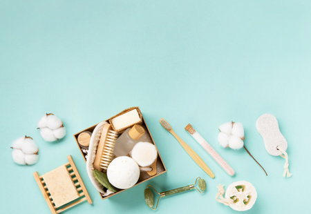 Happy Self Care Day. Natural eco friendly beauty skin care products concept. Zero waste bathroom and Organic spa accessories on green mint background. Handmade soap bars. concept of me timeの写真素材