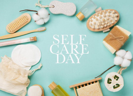 Happy Self Care Day. Natural eco friendly beauty skin care products concept. Zero waste bathroom and Organic spa accessories on green mint background. Handmade soap bars. concept of me timeの写真素材