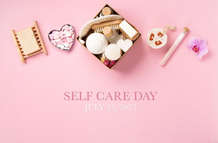 Happy Self Care Day. Natural eco friendly beauty skin care products concept. Zero waste bathroom and Organic spa accessories on pink background. Handmade soap bars. concept of me timeの写真素材