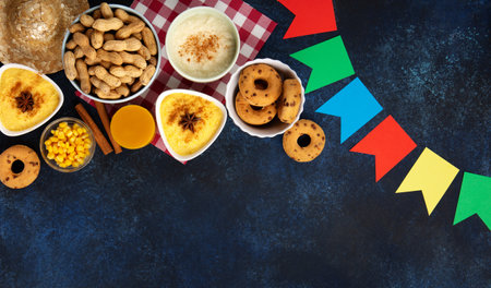 Festa Junina Summer Festival Carnival concept. Brazilian straw hat, Corn Cakes, peanuts and colorful flags on wooden blue background, top view. Design for Greeting Card, Invitation or Holiday Posterの写真素材