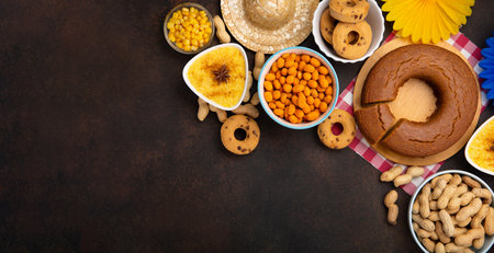Festa Junina Summer Festival Carnival banner. Brazilian straw hat, Corn Cake, peanuts and colorful flags on wooden background, top view. Design for Greeting Card, Invitation or Holiday Posterの写真素材