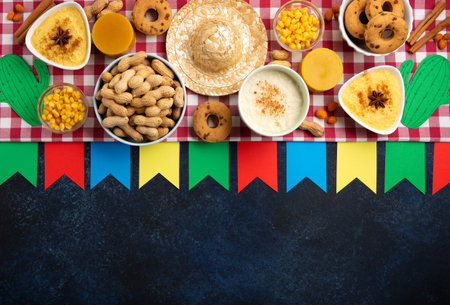 Festa Junina Summer Festival Carnival concept. Brazilian straw hat, Corn Cakes, peanuts and colorful flags on wooden blue background, top view. Design for Greeting Card, Invitation or Holiday Bannerの写真素材