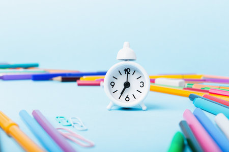 Back to school, Exam, Education concept on blue background. School scattered stationery, notepads, pens, pencils, paper clips and white alarm clock on blue table, copy space.の写真素材