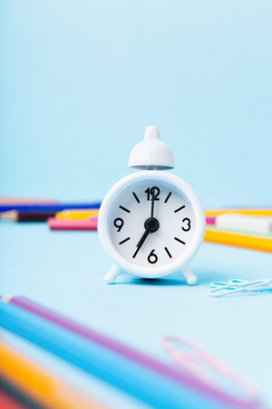 Back to school, Exam, Education concept on blue background. School scattered stationery, notepads, pens, pencils, paper clips and white alarm clock on blue table, copy space.の写真素材