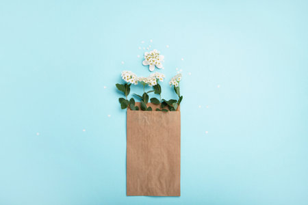 International plastic bag free day concept. Sustainable and Ecology lifestyle. Say no to plastic. go green. save nature. Reusable and recycling paper, textile cotton bags, mesh bags on blue backgroundの写真素材