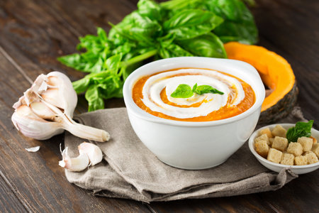 Homemade Pumpkin vegetable cream soup with cream, croutons and basil on rustic wooden background. Concept of healthy eating and vegetarian food. copyspace.の写真素材