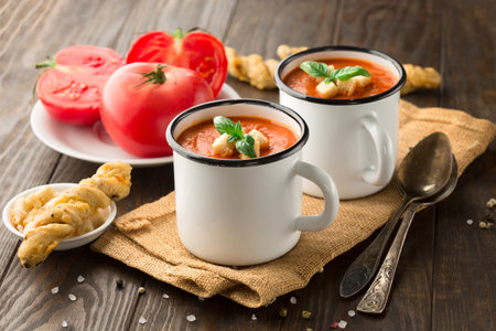 Homemade tomato soup with tomatoes, red pepper, herbs and spices on dark rustic wooden background, selective focusの写真素材