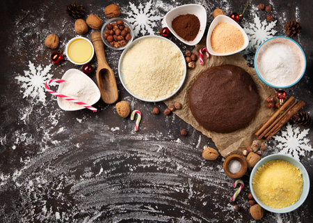 Gluten Free Homemade Christmas Cookie Dough. Healthy eating, dieting, balanced food concept. Cereals gluten-free, millet, quinoa, almond, buckwheat, spices, honey on brown background. Ancient grain food.の写真素材