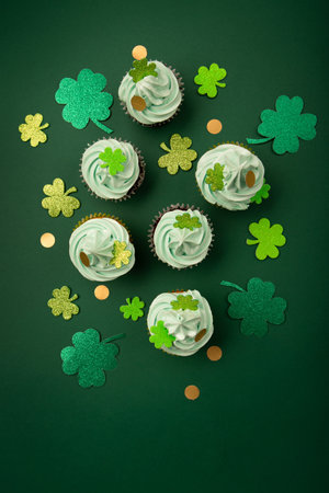 St. Patrick's Day vanilla and chocolate cupcakes with green frosting and shiny clover decorations on green paper background. Irish holiday dessert concept. Top view, copy space.の写真素材