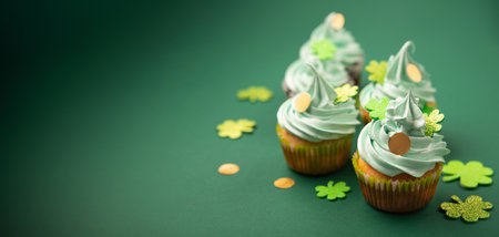 St. Patrick's Day vanilla and chocolate cupcakes with green frosting and shiny clover decorations on green paper background. Irish holiday dessert concept, copy space.の写真素材