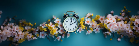 Classic Black alarm clock and blossom branches white yellow springtime flowers on blue background. Spring forward, Time Change, Daylight Saving Time Ends, Changing the time on the watch to spring time, Summer back, Savings Daylight concept. Generative ai.の素材
