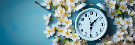 White alarm clock and blossom branches white yellow springtime flowers on blue background. Spring forward, Time Change, Daylight Saving Time Ends, Changing the time on the watch to spring time, Summer back, Savings Daylight concept. Generative ai.の素材