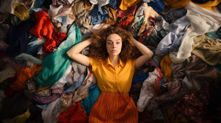 Young woman lies on a large pile of colorful clothes. Clothing recycling and extending the lifespan concept. Selling used clothes concept. Generative ai.の素材