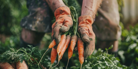 Man farmer in gloves harvesting ripe carrots in plot on background of garden at sunny day. Farmer holding freshly harvested organic carrots at vegetable garden. Agriculture and healthy food concept. Generative ai.の素材