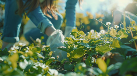 Volunteers peoples group cleaning up the city square, sunny Spring season. Nonprofit, recycling project and waste clean up in nature for Earth Day, climate change, community support concept. World Environment Day. Generative ai.の素材