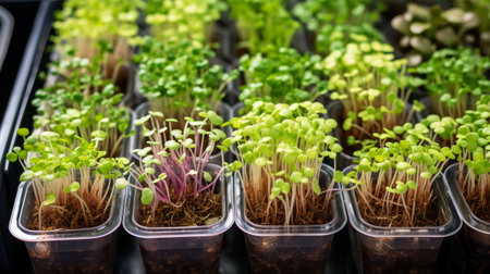 Microgreens growing background with microgreen sprouts in pots on the wooden table, garden and planting season. Raw food, healthy eating concept. Generative ai.の素材