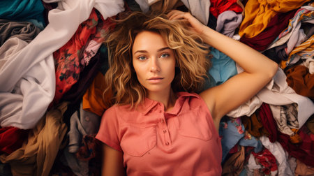 Young woman lies on a large pile of colorful clothes. Clothing recycling and extending the lifespan concept. Selling used clothes concept. Generative ai.の素材