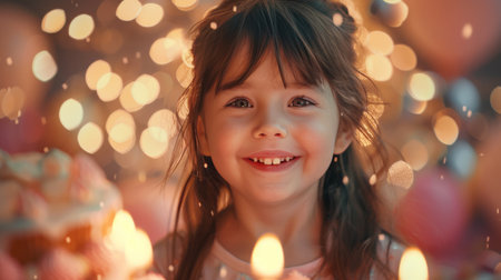 Little birthday girl blowing out candles on cake, birthday party, festive blurred background, balloons and party decoration as banner with copy space. Generativa ai.の素材