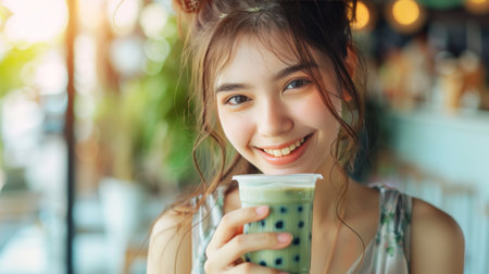 Smiling teenage girl drinking and enjoying Matcha Bubble boba milk tea in cup with tapioca pearls, blurred cafe restaurant background. Summer drink concept. Generative ai.の素材