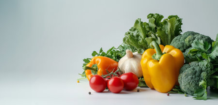 Farm to table abundance concept. Different types of fresh Vegetables on white background copy space. Health, vitamins and healthy lifestyle. Generative ai.の素材
