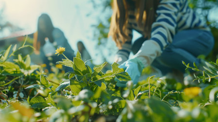 Volunteers peoples group cleaning up the city square, sunny Spring season. Nonprofit, recycling project and waste clean up in nature for Earth Day, climate change, community support concept. World Environment Day. Generative ai.の素材