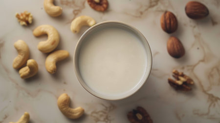 Organic vegan non dairy milk on glass, natural beige background. Alternative healthy food and drink, Plant based eco organic product concept. Generative ai.の素材