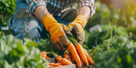 Man farmer in gloves harvesting carrots on background of garden at sunny day. Farmer holding freshly harvested organic carrots at vegetable garden. Agriculture and healthy food concept. Generative ai.の素材